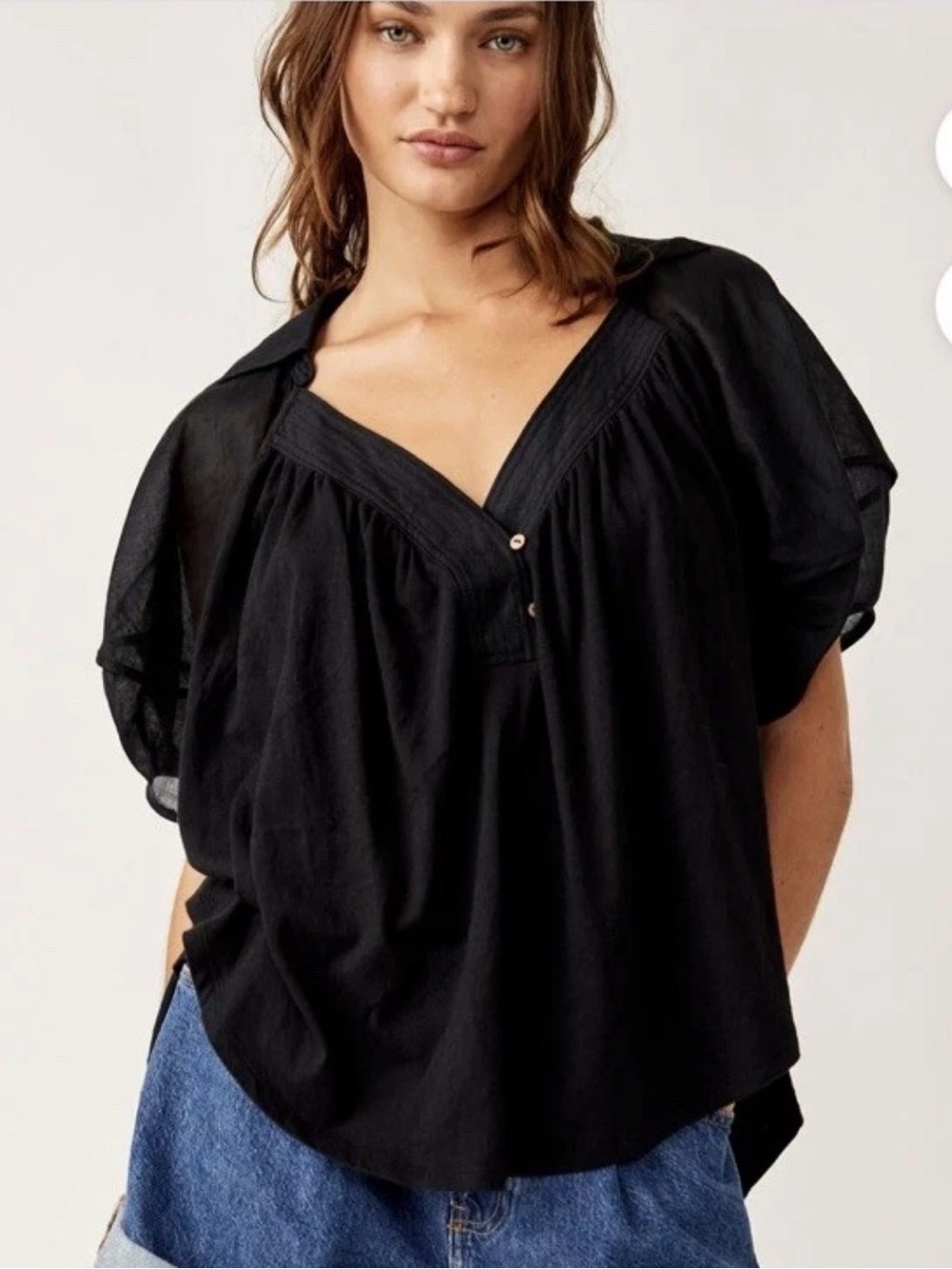 Free People We The Free People Black Cotton Sunray Babydoll Top Oversize XS